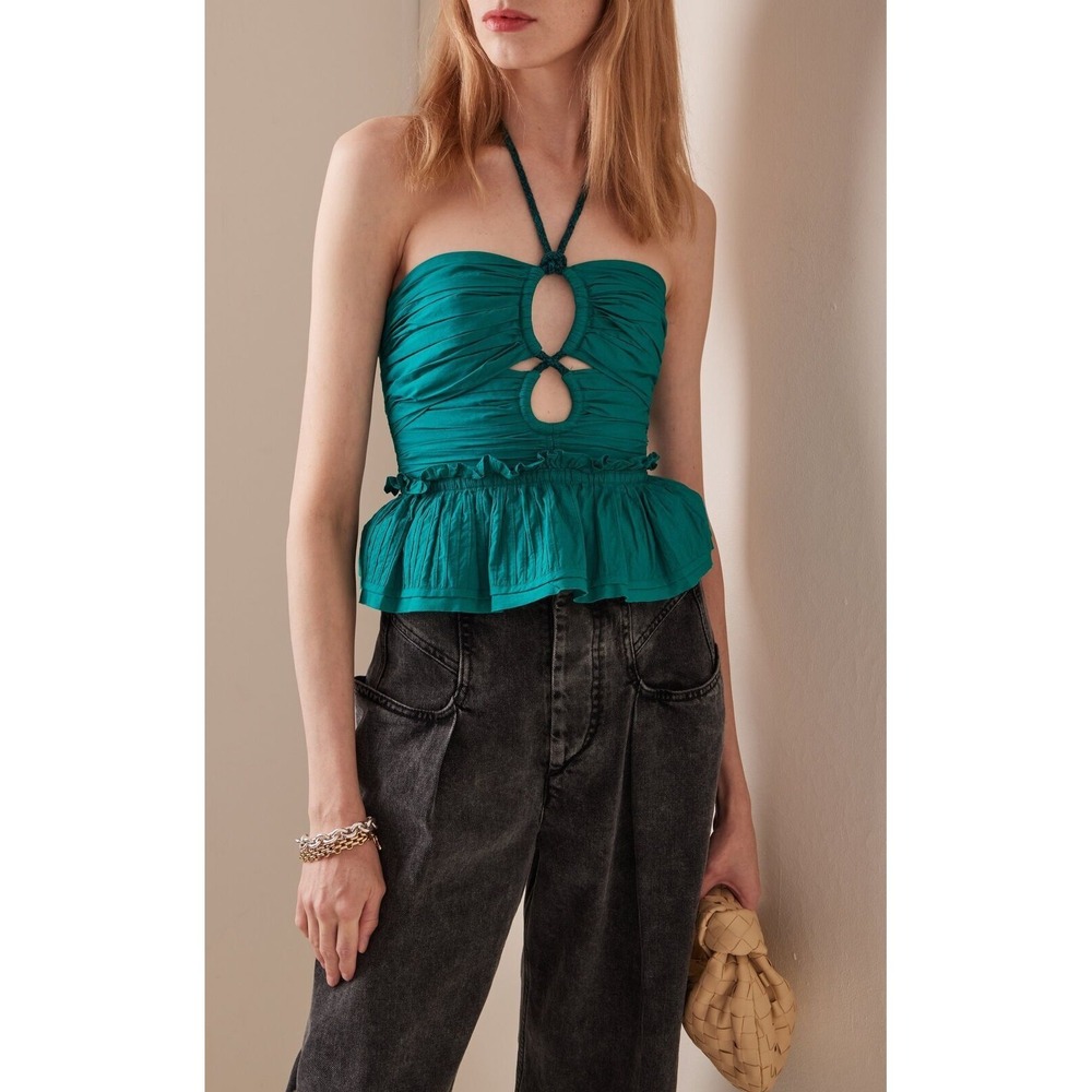 Ulla Johnson Adaleigh Halter Top Cotton Peplum Keyhole Verdigris Green 6 $290